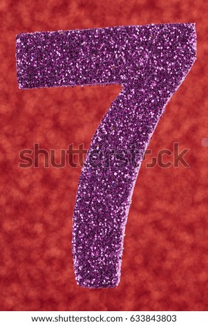 Number seven purple color over a red background. Anniversary. Vertical