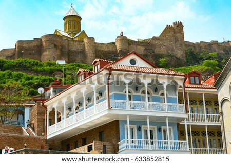 Narikala citadel and houses with traditional wooden carving balconies of Old Town of Tbilisi, Republic of Georgia