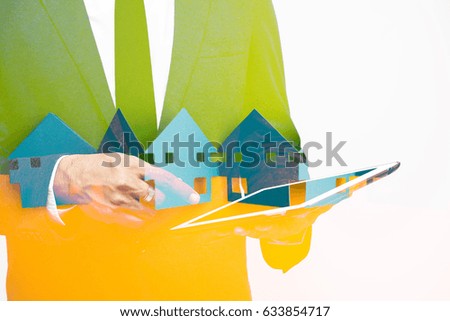 business man showing hand and finger double exposure with paper cut