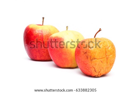 A picture of three ordinary apples, without modifications..as you know from the shop. The picture shows the maturing of the apples. One is fresh, one is older and one is dry. 