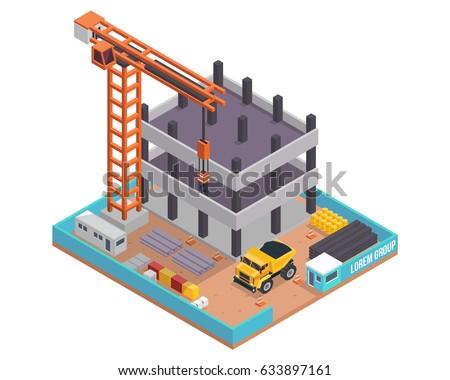 Modern Isometric Construction Site Illustration, Suitable For Infographic, Games, Children Books, And Other Graphic Related Assets.