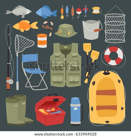 Fishing outdoor vacation fun activity icons set isolated fishery hobby design vector illustration