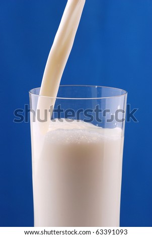 Pouring milk on blue background