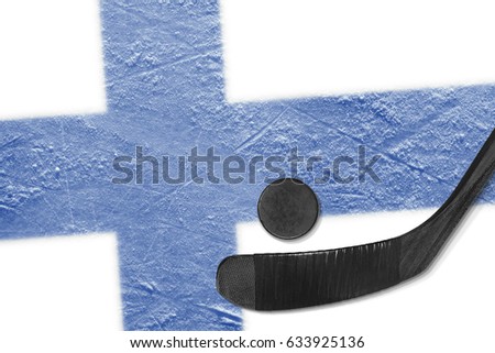 An image of a Finnish flag on ice and a hockey puck with a stick. Concept, hockey