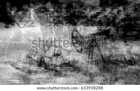 Installations for the extraction of oil on the background on the background of the graphs of growth and decline (black & white photos, double exposure)