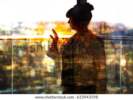 Pension age good looking woman against of window and city view. Multiple exposure image 