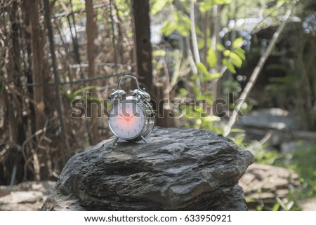 retro metal alarm clock on the rock with natural view background