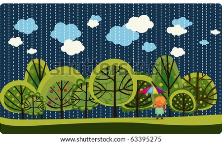 Vector illustration of girl holding an umbrella in rainny forest.