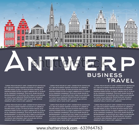 Antwerp Skyline with Gray Buildings, Blue Sky and Copy Space. Vector Illustration. Business Travel and Tourism Concept with Historic Architecture. Image for Presentation Banner Placard and Web Site.