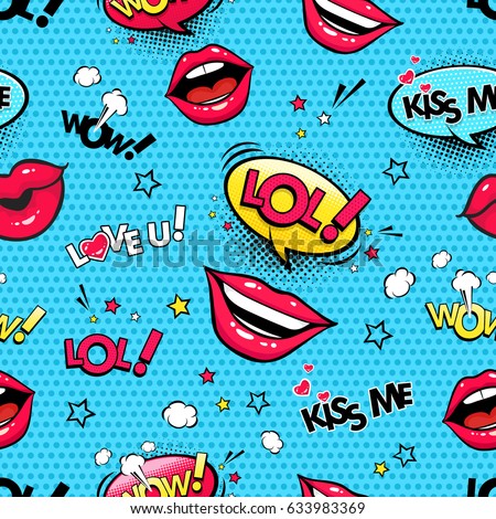 Comic speech bubbles and female lips with different emotions and text Wow, Lol, kiss me, Love you, stars, hearts and clouds. Vector colorful funny comic seamless pattern in pop art retro style. Royalty-Free Stock Photo #633983369