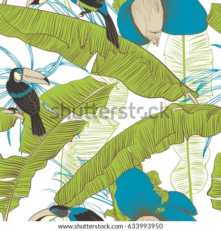 Seamless tropical pattern with banana palms With birds toucans. Vector illustration. Decorative image with tropical foliage, flowers. Objects for decoration, design on advertising