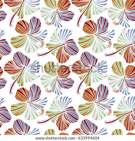 Summer hawaiian with tropical plants and hibiscus flowers in red and orange colors. Vector illustration on a white background.