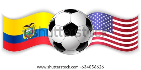 Ecuadorian and American wavy flags with football ball. Ecuador combined with United States of America isolated on white. Football match or international sport competition concept.