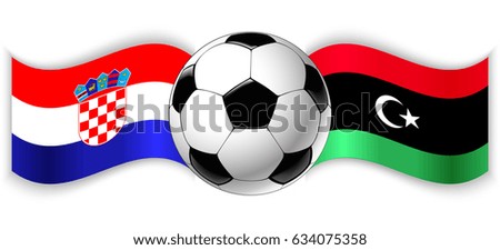 Croatian and Libyan wavy flags with football ball. Croatia combined with Libya isolated on white. Football match or international sport competition concept.