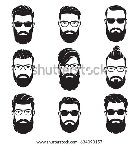 Set of vector bearded men faces hipsters with different haircuts, mustaches, beards. Silhouettes, avatars, heads, emblems, icons, labels. Royalty-Free Stock Photo #634093157