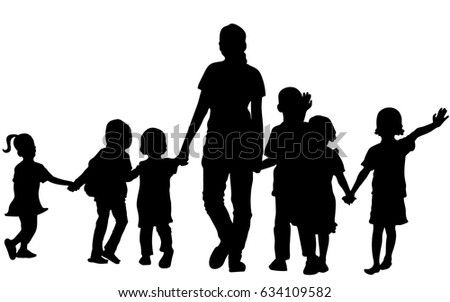 Vector silhouette of happy teacher and children