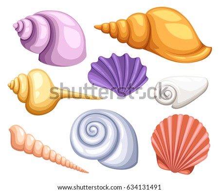 Colorful tropical shells underwater icon set frame of sea shells, vector illustration.Summer concept with shells and sea stars. Round composition, starfish, nature aquatic. Vector illustration. Royalty-Free Stock Photo #634131491