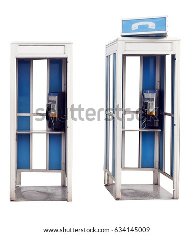 Two isolated vintage outdoor telephone booths. Royalty-Free Stock Photo #634145009