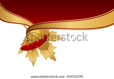 Abstract background with autumnal leaves and golden ribbon. Vector