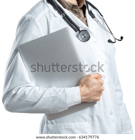 Female doctor holding a laptop, isolated on white background