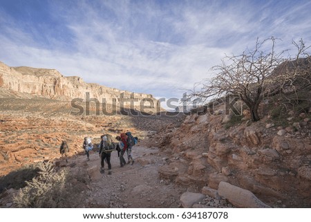 Group of Hikers backpacking through the Grand Canyon to Havasu Falls, Arizona Royalty-Free Stock Photo #634187078