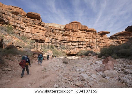 Group of Hikers backpacking through the Grand Canyon to Havasu Falls, Arizona Royalty-Free Stock Photo #634187165