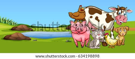 Many types of animal on farmyard illustration