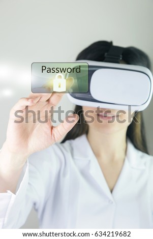 Businesswoman pressing key icon over gradient light blue background, Business security concept