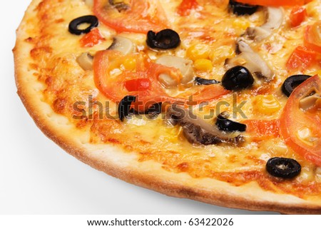 Closeup picture of pizza with tomatoes, olives and champignons