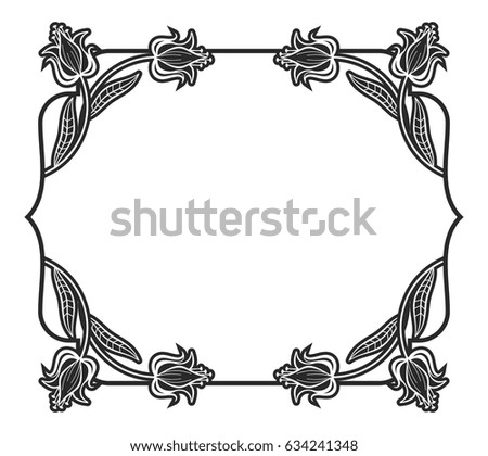 Black and white outline label with decorative flowers. Copy space. Vector clip art.
