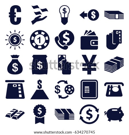 Currency icons set. set of 25 currency filled icons such as atm, casino chip and money, 1 casino chip, money sack, wallet, dollar in sun, dollar, euro, cash payment, coin