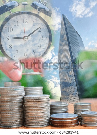 double exposure coins building and clock concept investment finance and business 