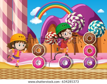 Two kids rollerskate in candyland illustration