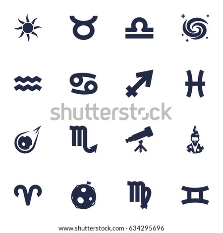 Set Of 16 Horoscope Icons Set.Collection Of Twins, Scales, Lunar And Other Elements.