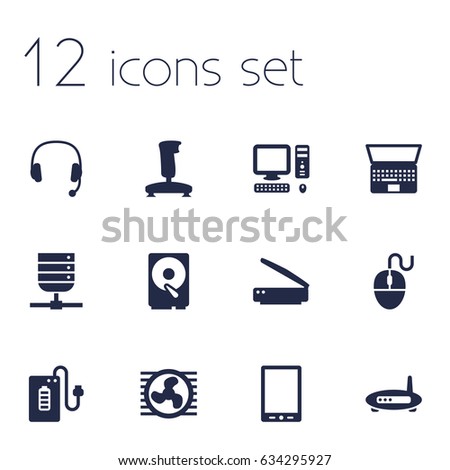 Set Of 12 Notebook Icons Set.Collection Of Router, Headset, Datacenter And Other Elements.
