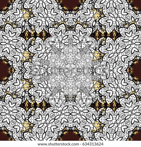 Seamless Golden pattern. Oriental ornament. Seamless pattern on brown background with golden elements and with white doodles.