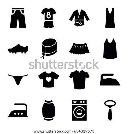 Clothing icons set. set of 16 clothing filled icons such as iron, washing machine, female underwear, singlet, t-shirt, tie, pants, skirt, t-shirt with heart, nurse hat, kimono