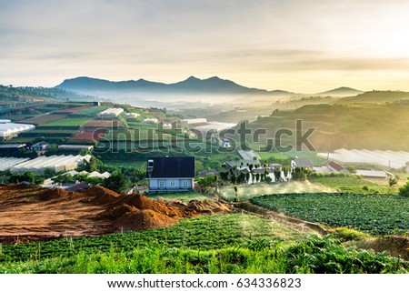 Vegetable fields and Housein highland, Dalat, Vietnam. Da lat is one of the best tourism city in Vietnam. Dalat city is Vietnam's largest vegetable and flowers growing areas. Royalty-Free Stock Photo #634336823