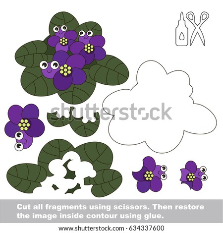 Use scissors and glue and restore the picture inside the contour. Easy educational paper game for kids. Simple kid application with Funny Flower Violets