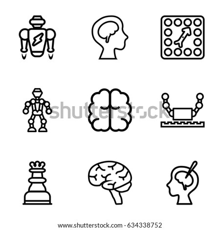 Intelligence icons set. set of 9 intelligence outline icons such as brain, human brain, brain surgery, board game, chess king