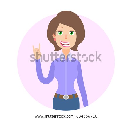 Businesswoman showing Rock and Roll sign. Portrait of Cartoon Businesswoman Character. Raster illustration in a flat style.