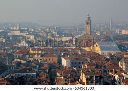 View overlooking tile rooftops in Venice, Italy