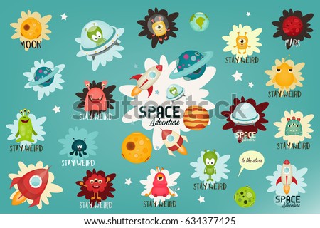 Space Labels Set - Cartoon Aliens and Galaxy Monsters with Shuttles, Rockets and Spaceships. Vector Illustration.