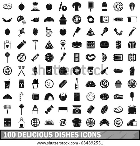 100 delicious dishes icons set in simple style for any design  illustration