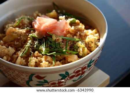 	The Japanese kitchen. Rice with seafoods