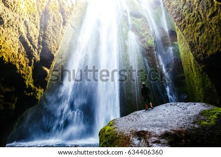 Perfect view of famous powerful Gljufrabui cascade in sunlight. Dramatic and gorgeous scene. Unique place on earth. Location place Iceland, sightseeing Europe. Explore the world's beauty and wildlife