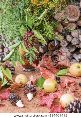 Autumn still life with wildflowers in vase, red leaves of maple, apples, hedgehogs and pine cones on the background of woodpile. Rural style