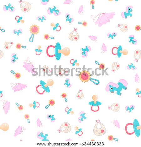Seamless pattern with butterflies, horses, pacifiers for babies. Colorful cute vector seamless pattern for wrapping paper, fabric or wallpapers.
