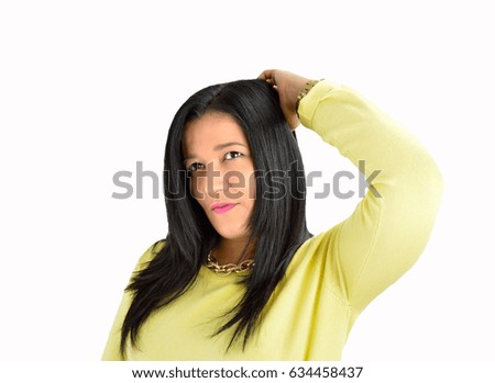 Close Up woman hand itchy scalp with white background