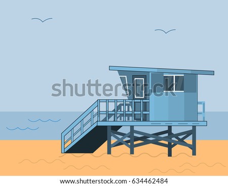 Sea Side Summer Landscape With Lifeguard House on a Beach and Blue Sea With Sky in Flat Design. Vector Illustration.